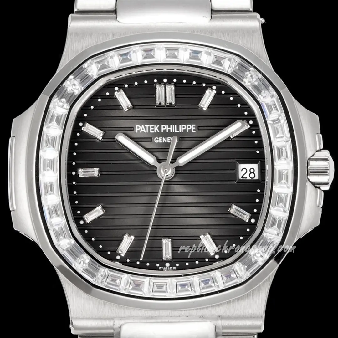 Close-up detail of baguette-diamond bezel and indexes on Nautilus 5711/110P-001 replica