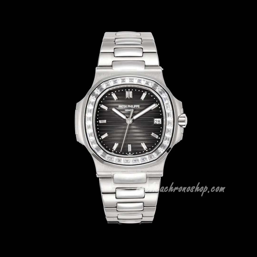 Front view of Replica Patek Philippe Nautilus 5711/110P-001 platinum watch with baguette-diamond bezel