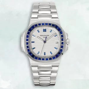 Replica Patek Philippe Nautilus 5711/111P-001 Platinum Watch with Blue Gem-Set Bezel