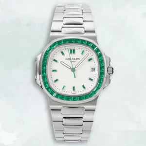 Replica Patek Philippe Nautilus 5711/113P-001 Automatic with Green Gem-Set Bezel and White Dial