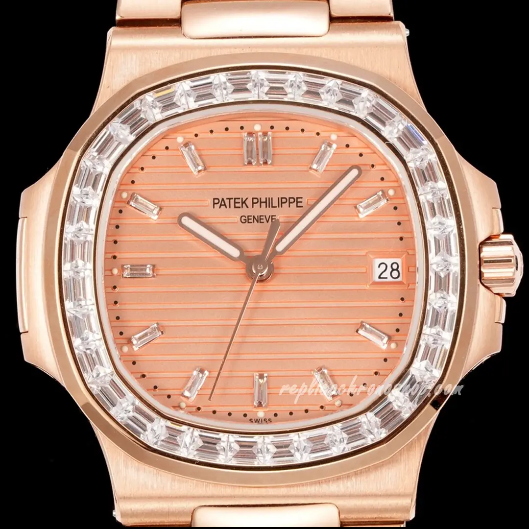 Baguette-set bezel and dial detail of the replica Nautilus 5723/1R-001