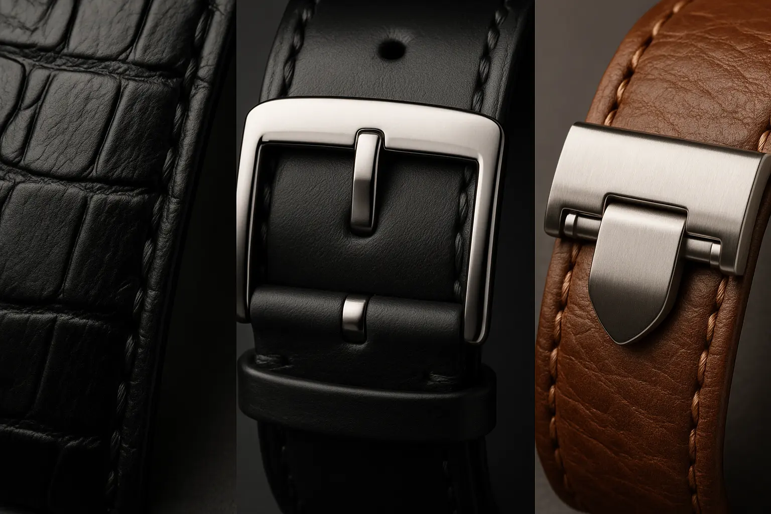 macro collage showing leather strap texture, pin buckle detail, and deployant clasp detail for complications-style watches