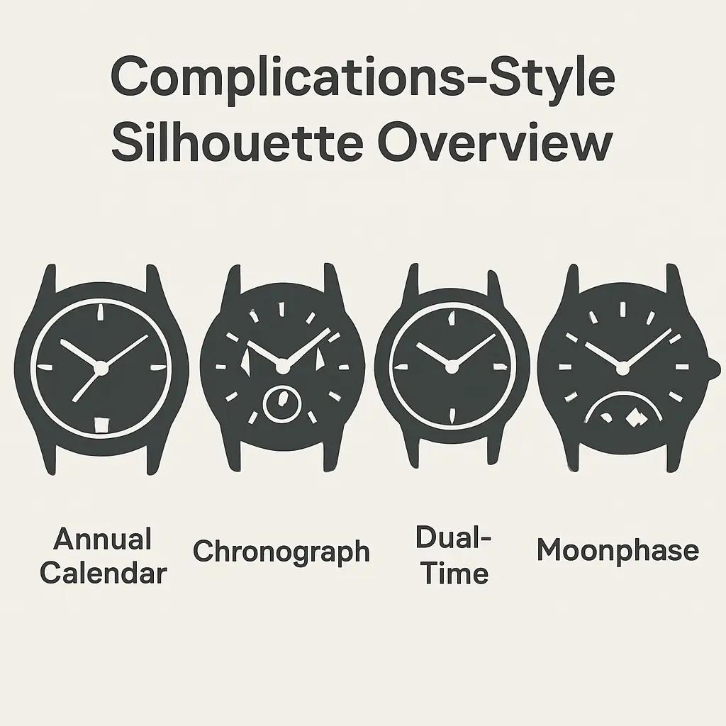 collage showing abstract silhouettes representing calendar, chronograph, dual time, and moonphase complications