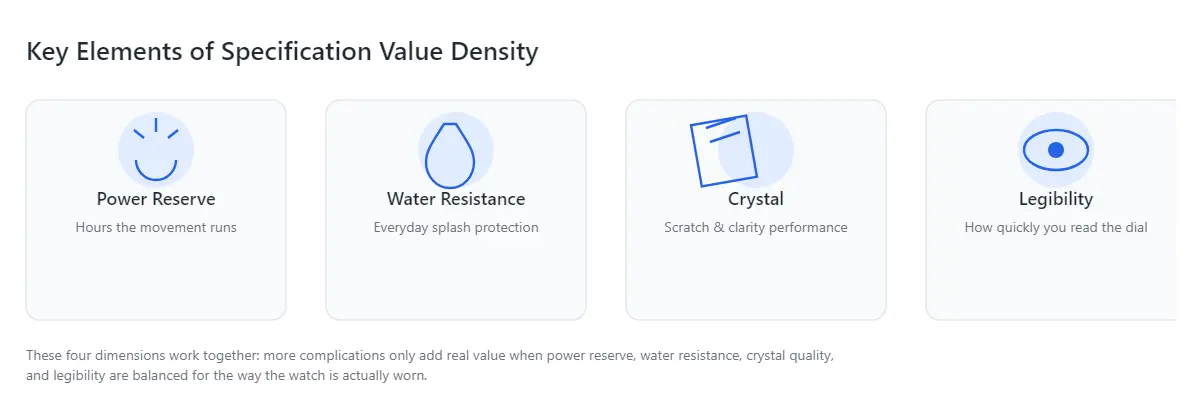 infographic showing power reserve, water resistance, crystal type and legibility as components of specification value density