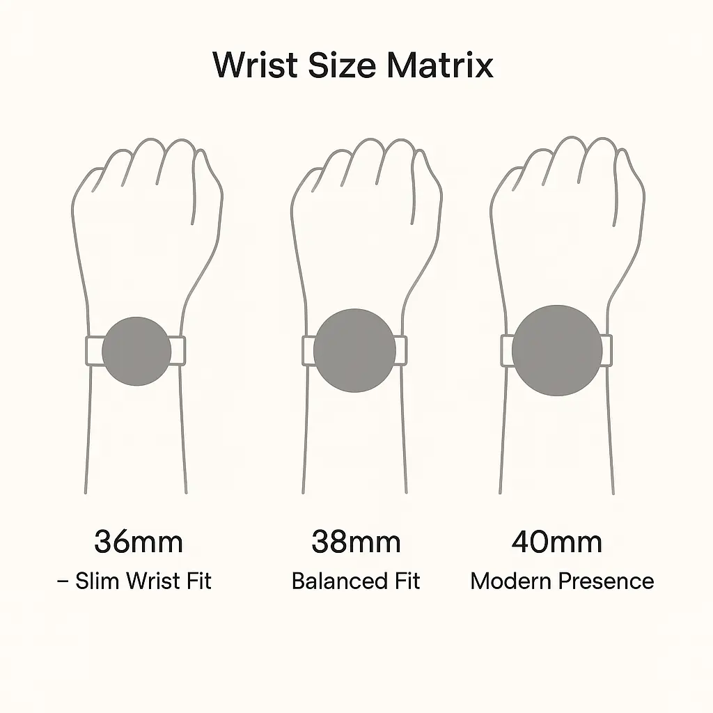 Wrist size matrix for 36mm, 38mm, 40mm watch silhouettes