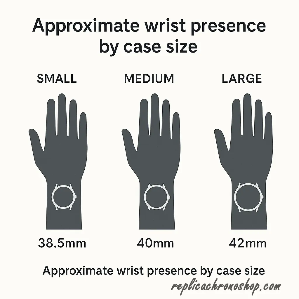 infographic showing approximate wrist presence by watch case size for small, medium, and large wrists