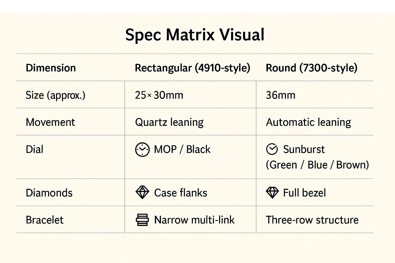 Spec Matrix Visual comparing rectangular 4910-style and round 7300-style Twenty-4 structures