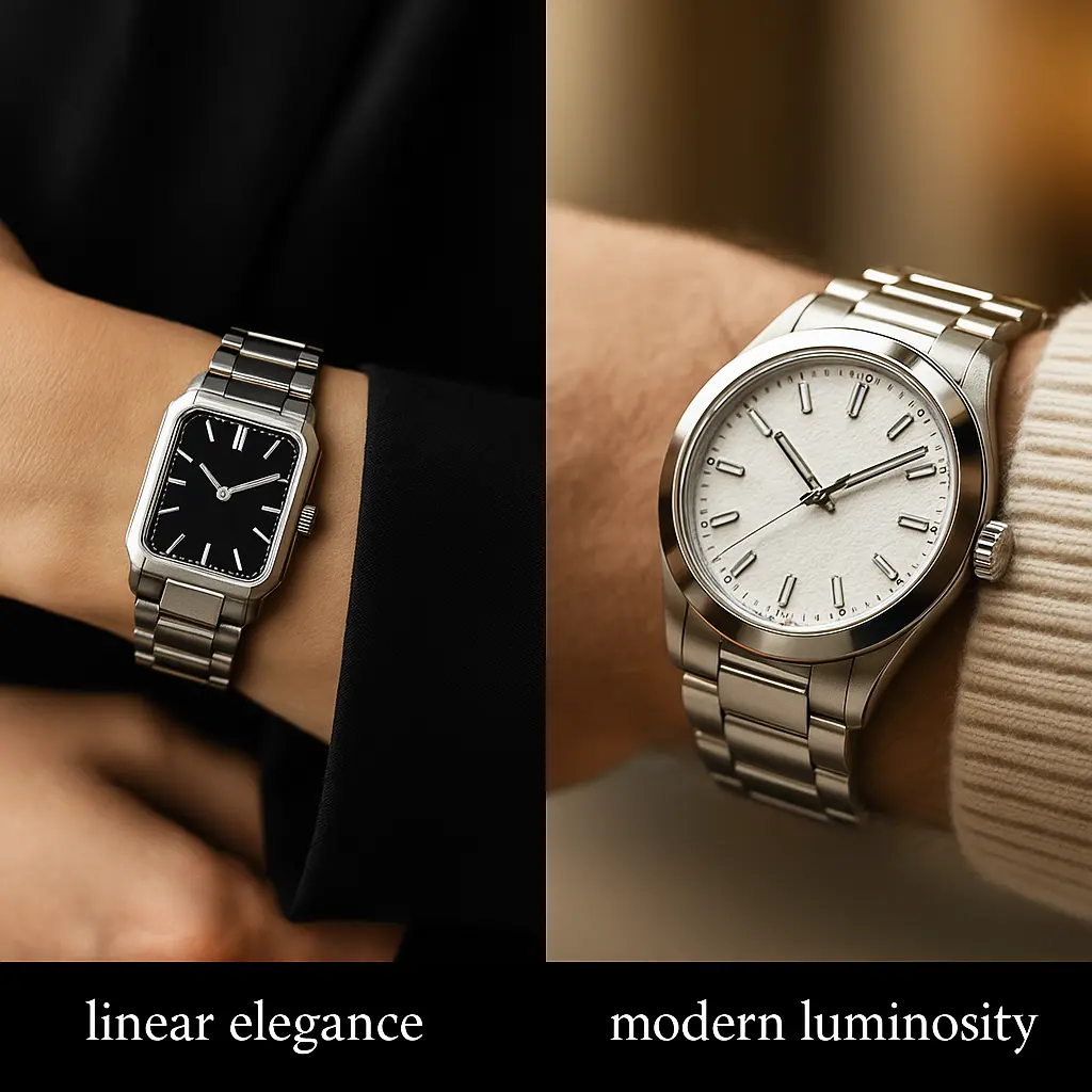 Rectangular vs Round Twenty-4 personality comparison — linear elegance vs modern luminosity