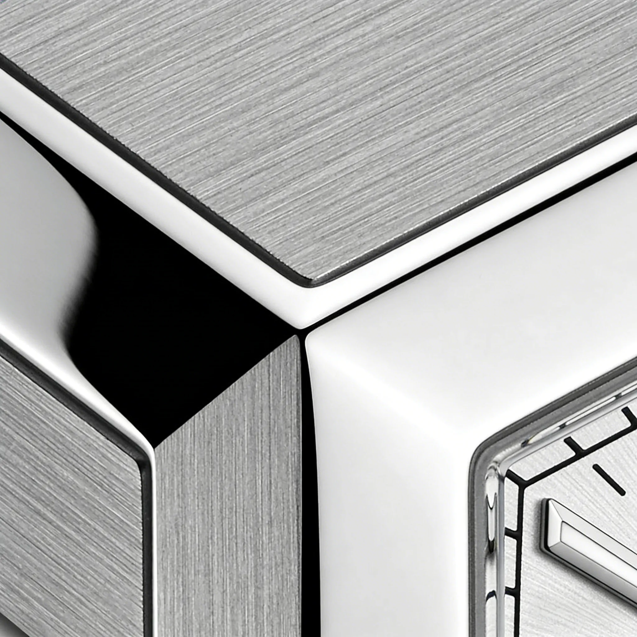 Macro shot of case transition between brushed top and polished side