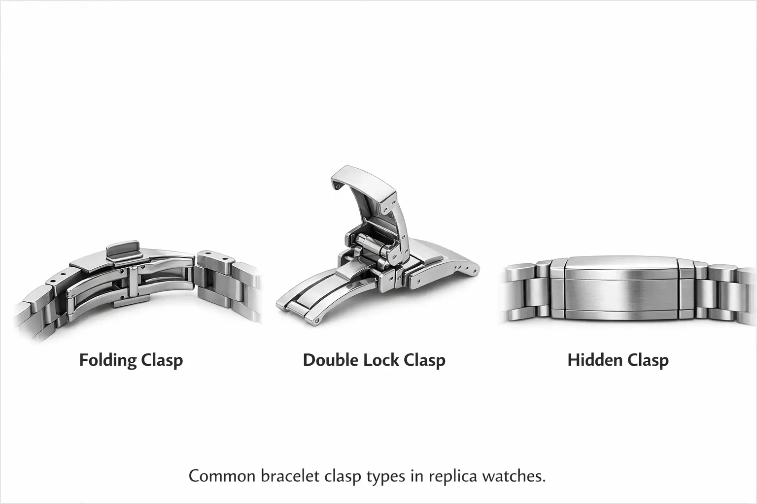 Overview of common watch clasp types including folding clasp, double lock clasp, and hidden clasp