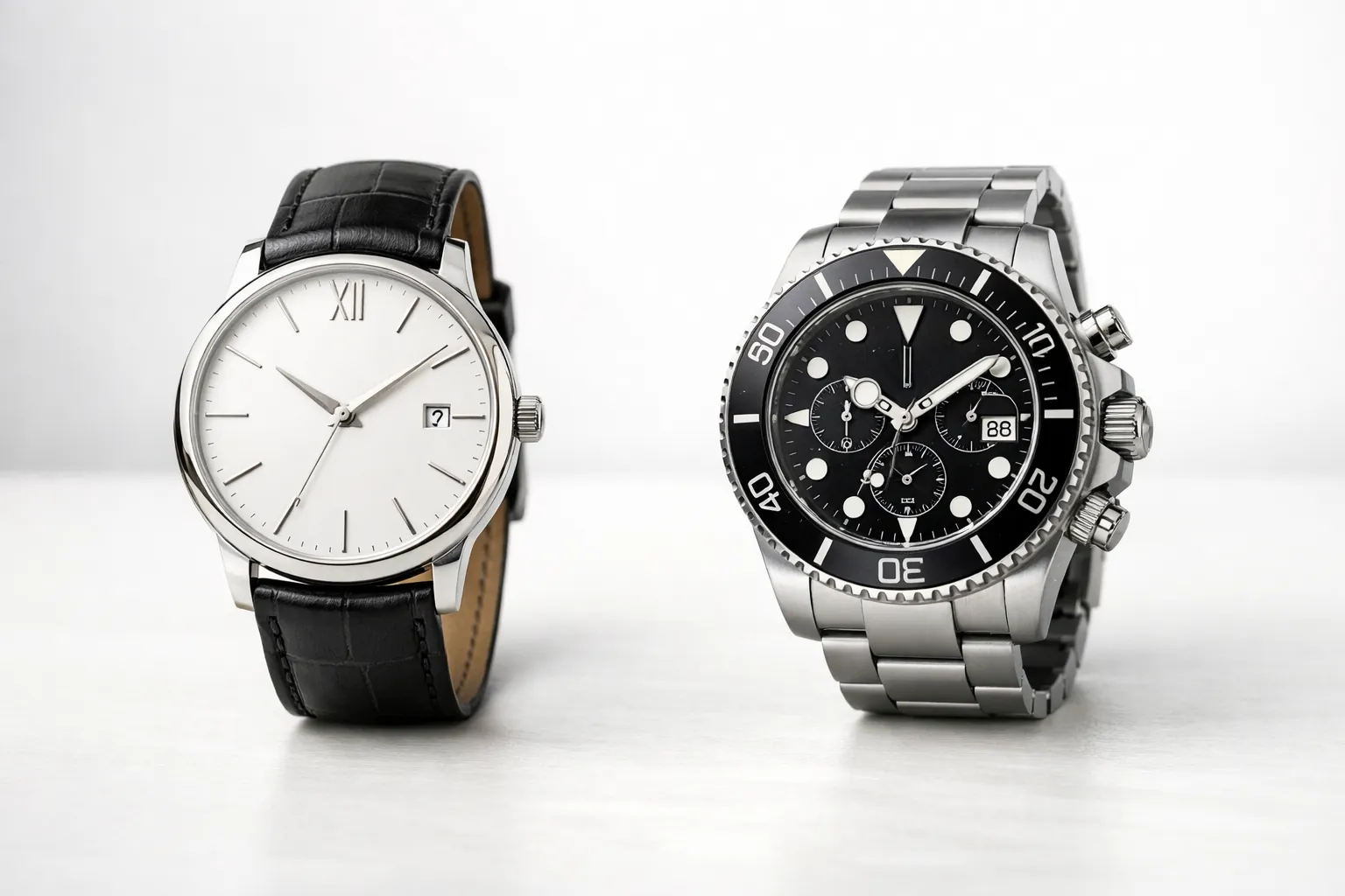 Dress watch vs sports watch on a clean white background