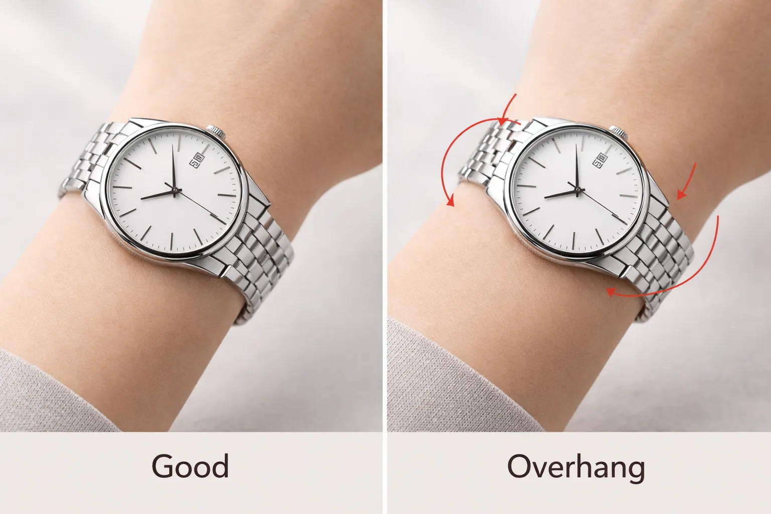 Comparison of proper fit versus lug overhang on a small wrist