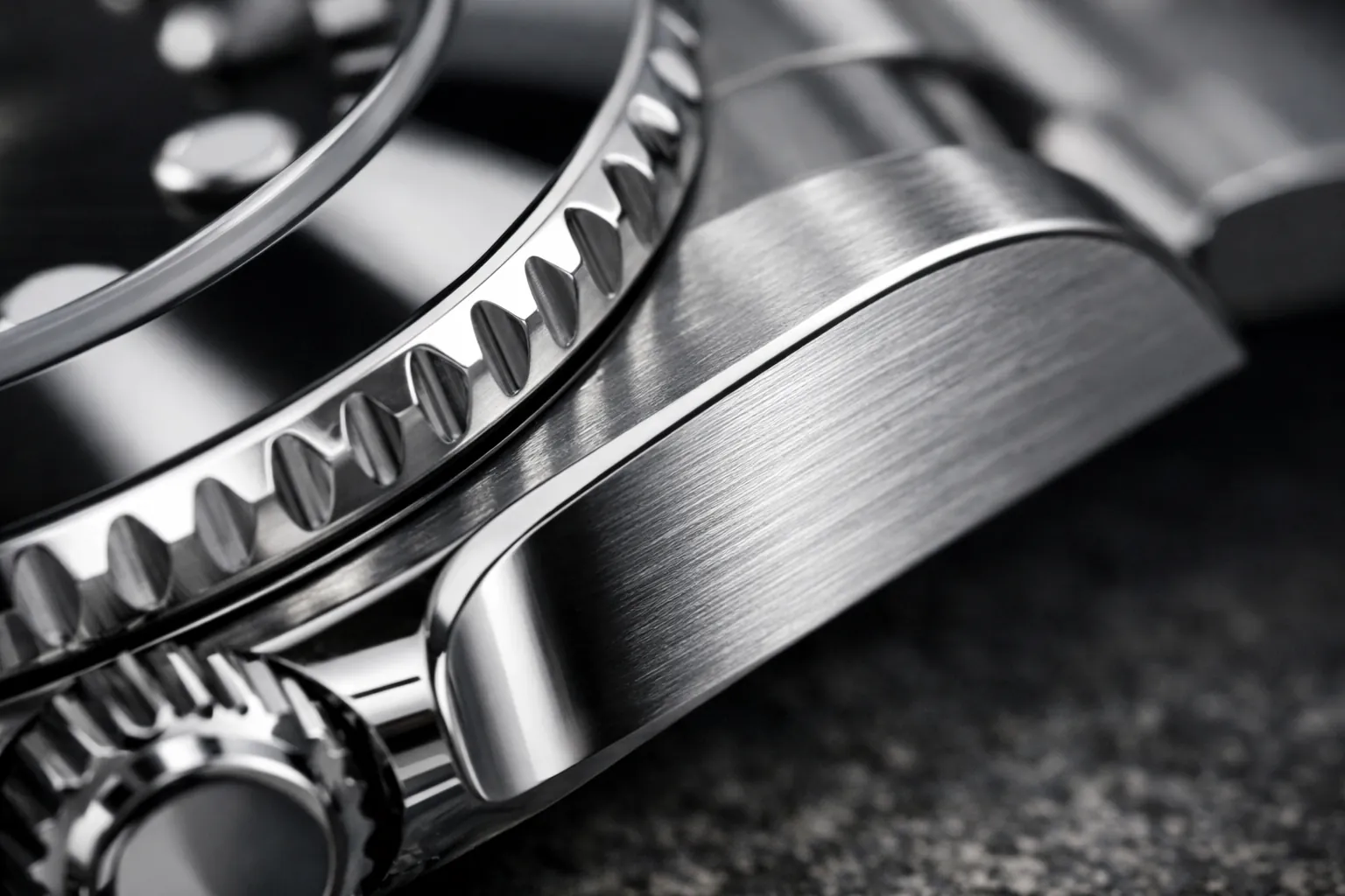 Close-up of brushed and polished surfaces on a watch case
