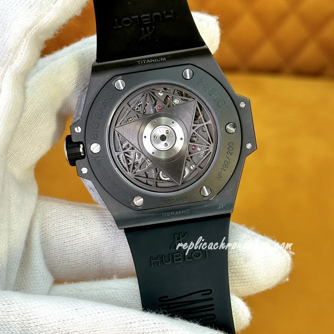 Caseback and rotor view of the 45mm black ceramic flyback chronograph
