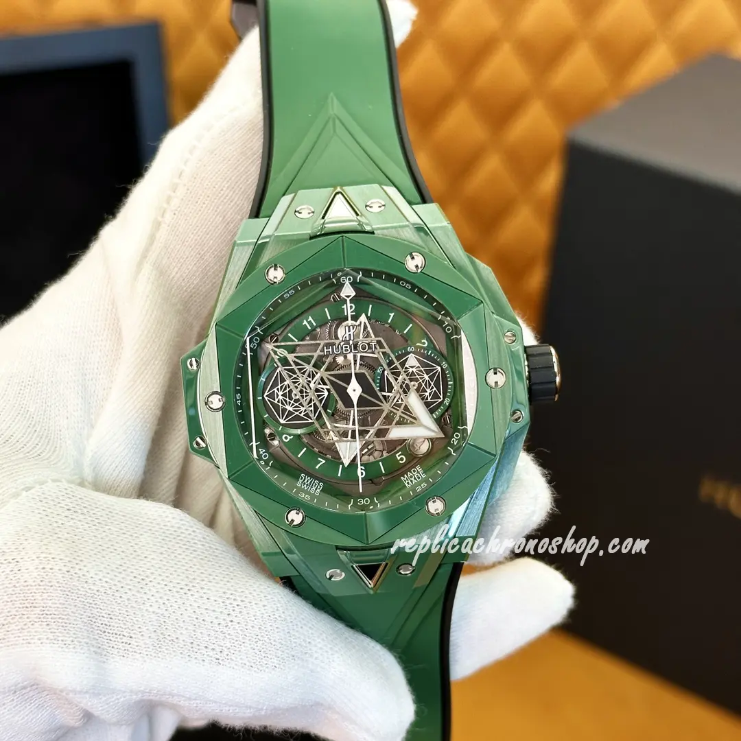 Close-up of the green skeleton dial with geometric hands and markers