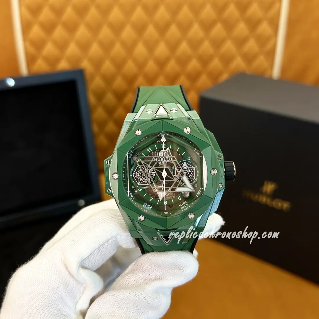 Front view of the green ceramic chronograph with skeleton dial