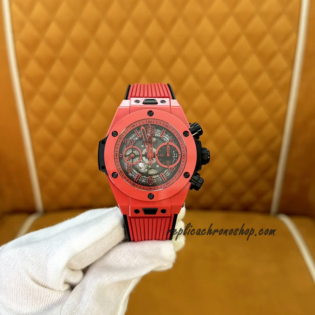 Front view of Replica Hublot Big Bang Unico 411.CF.8513.RX red ceramic skeleton chronograph watch