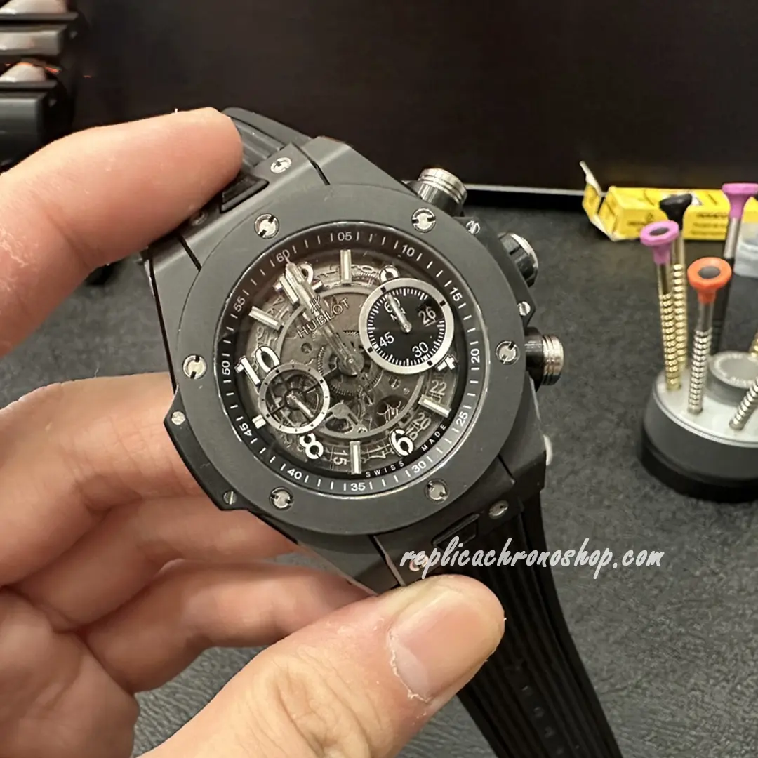 Close-up of Unico-style skeleton chronograph layout and screws