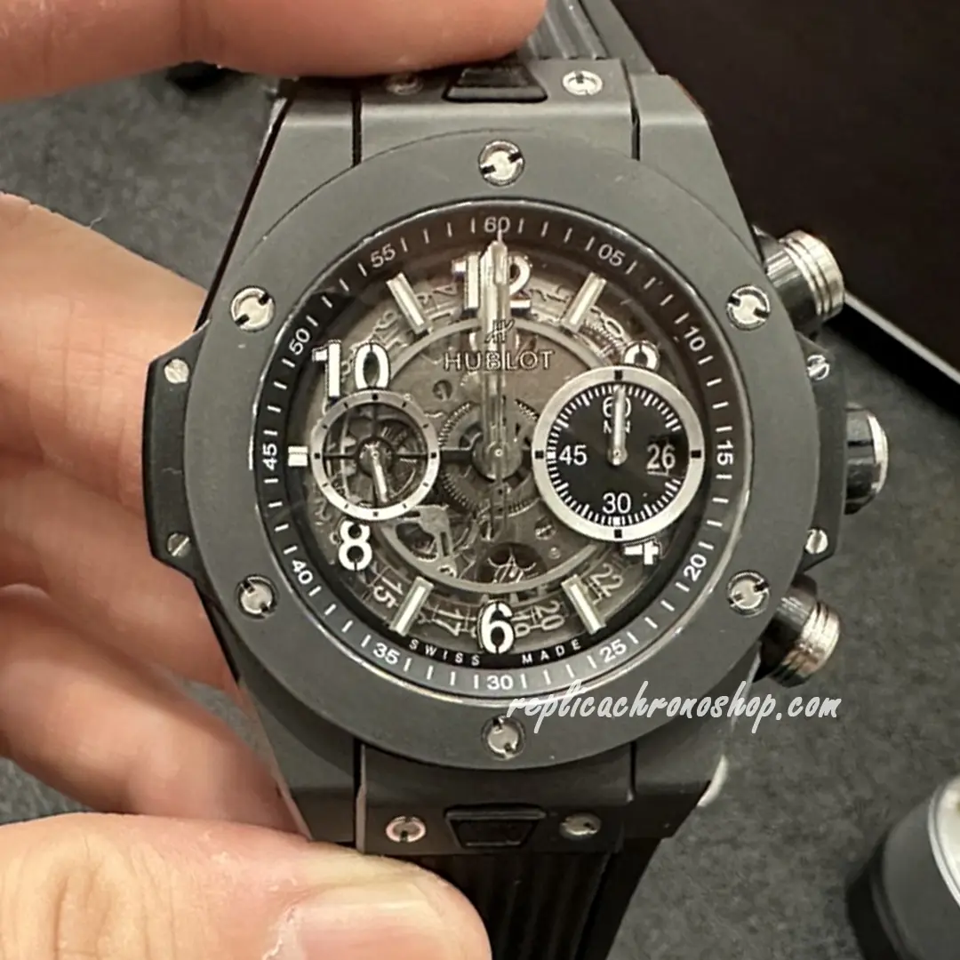 Replica Hublot Big Bang Unico 421.CI.1170.RX front view with black ceramic case and skeleton dial
