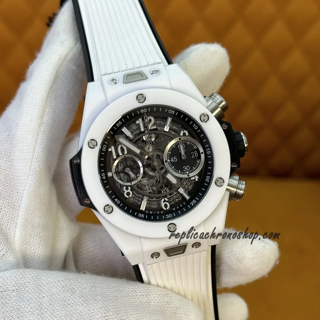 Close-up of skeleton dial and UNICO-style chronograph movement details