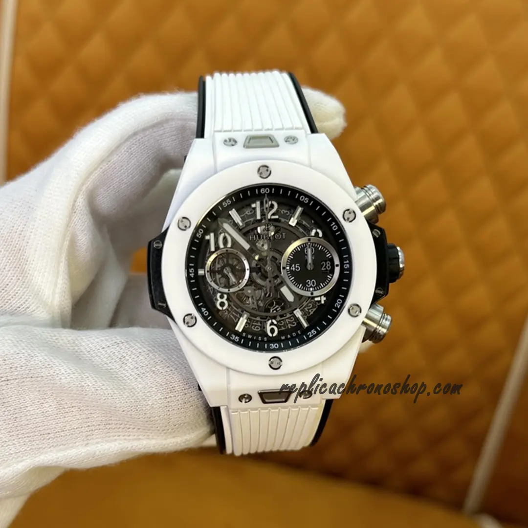 Front view of the white ceramic Big Bang Unico-style skeleton chronograph watch