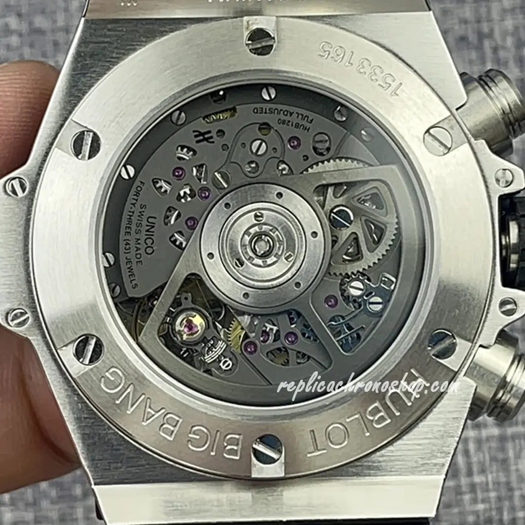 Sapphire caseback with automatic Unico-style chronograph movement