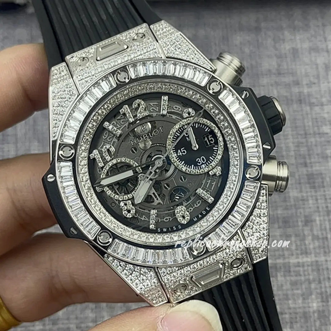 Close-up of diamond-set case and skeleton movement parts
