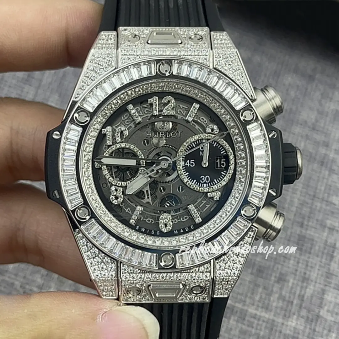 Front view of Replica Hublot Big Bang Unico 441.NX.1171.RX.0904 with diamond bezel and skeleton dial