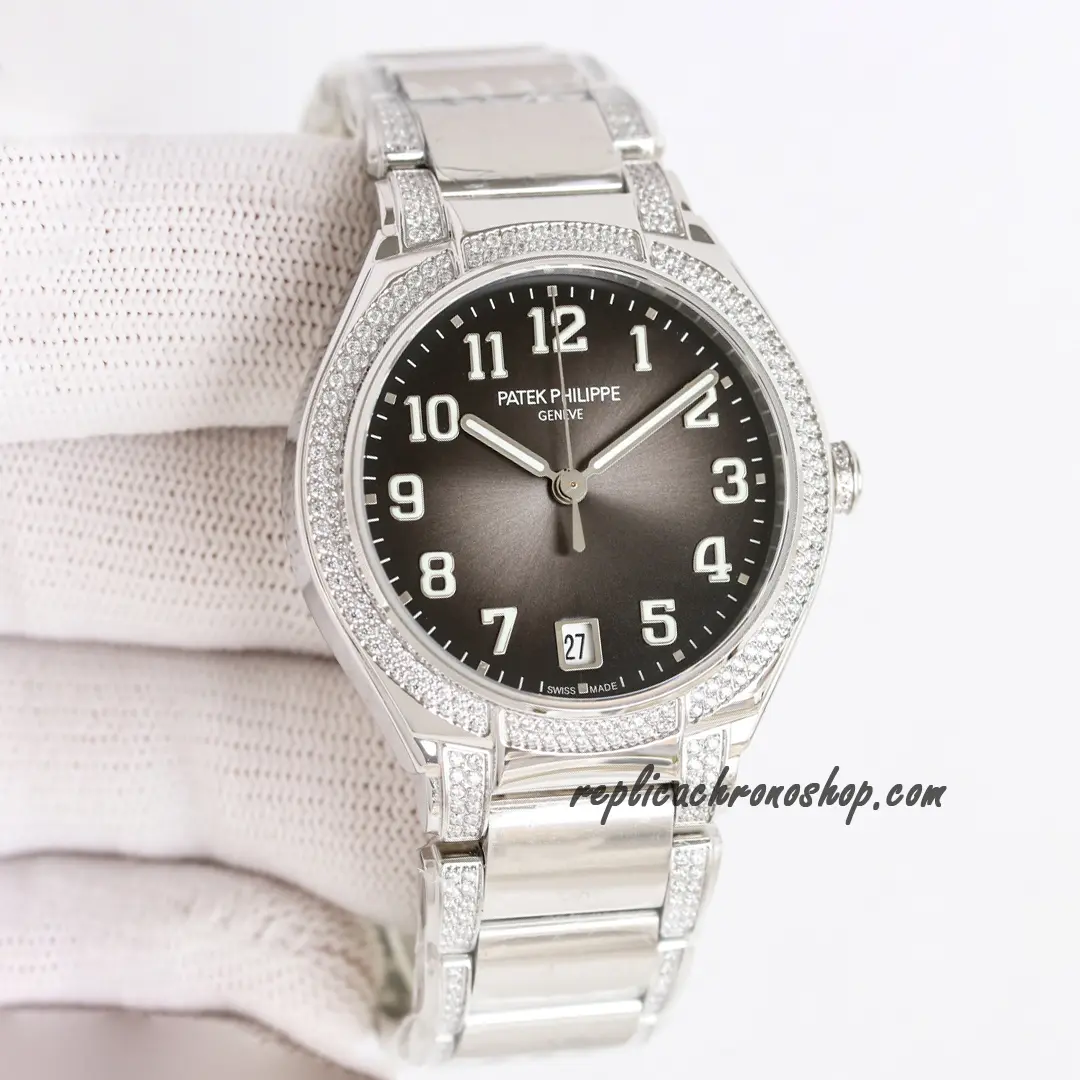 Front view of Replica Patek Philippe Twenty-4 7300/1200A-010 Black with diamond bezel and brown sunburst dial