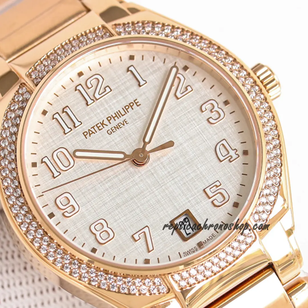 Close-up of the rose-gold case and diamond-set bezel of the ladies watch