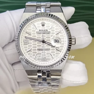 Replica Rolex Oyster Perpetual Land-Dweller M127334-0001 Style Watch – Silver Honeycomb Dial, Fluted Bezel, Steel Bracelet