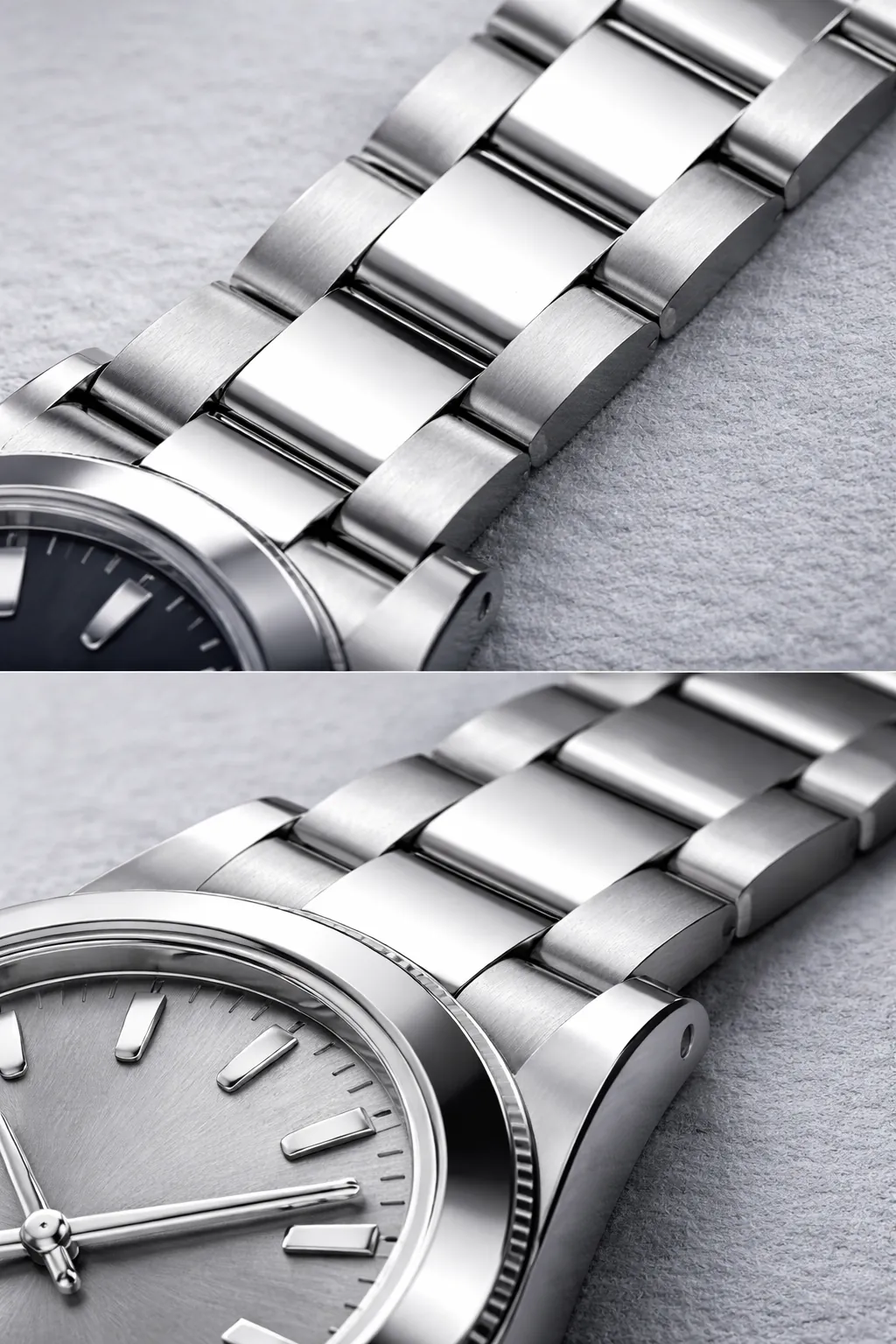 Close-up view of stainless steel watch bracelet link construction and finishing detail
