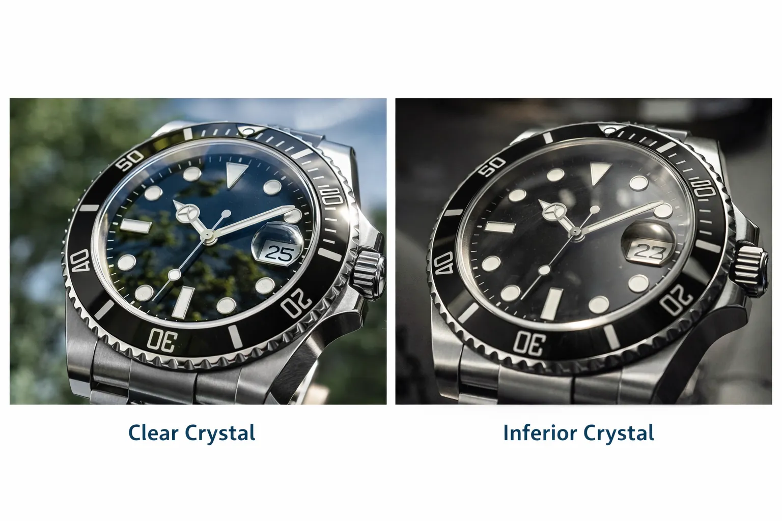 Replica watch crystal clarity and reflection behavior