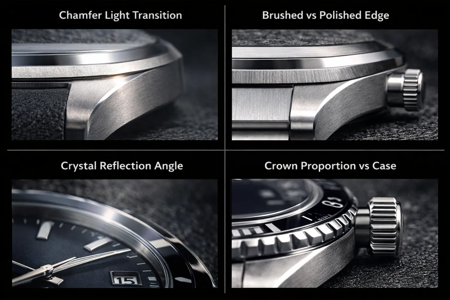 Replica watch finishing details close up