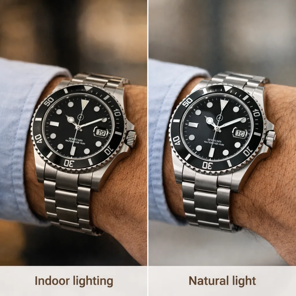 Replica watch lighting comparison: indoor vs natural light