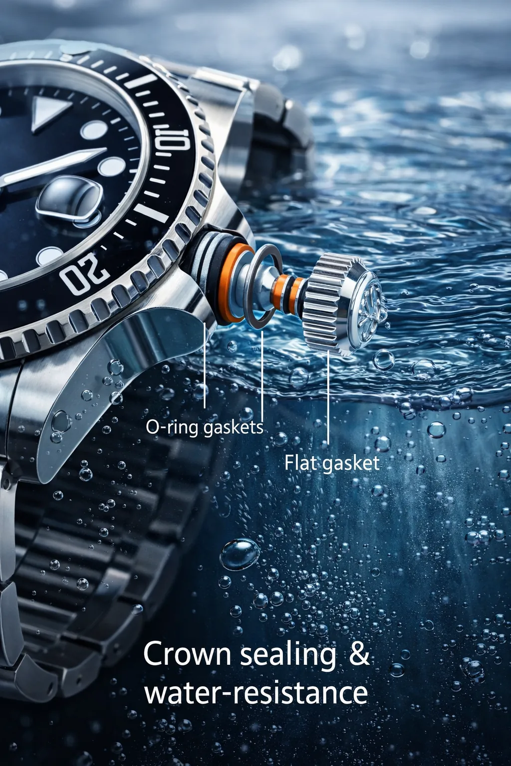 Crown sealing and water-resistance concept for replica watches