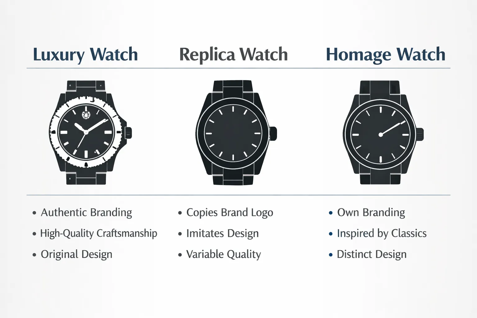 Illustration comparing luxury watches, replica watches, and homage watches by design concept