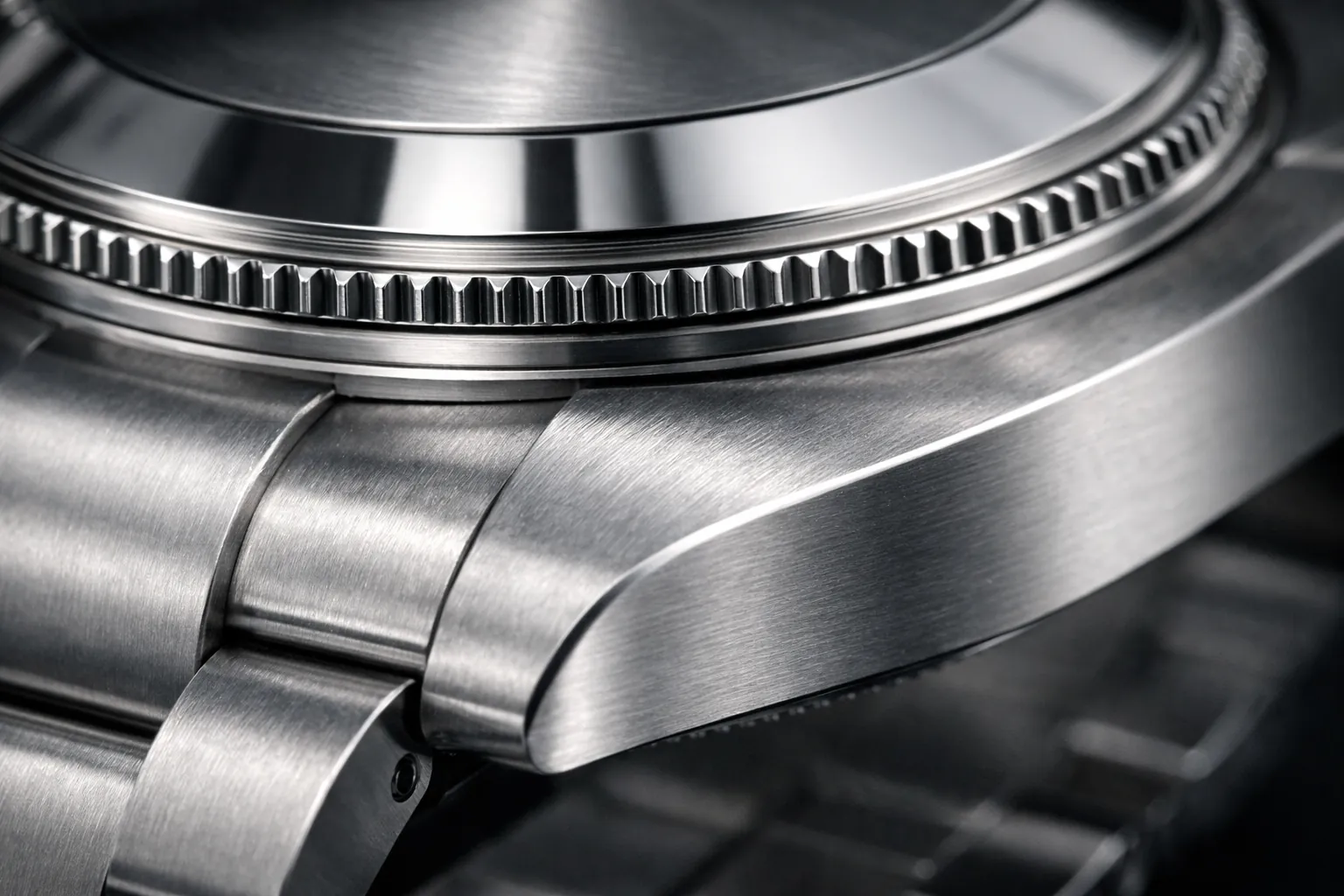Caseback and thread detail on stainless steel watch case