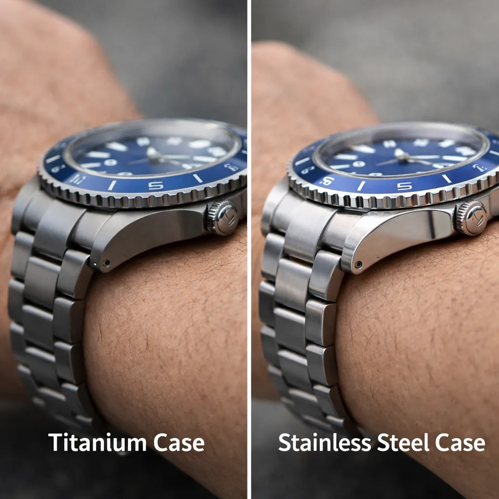 On-wrist comparison showing a titanium case and a stainless steel case in natural everyday light