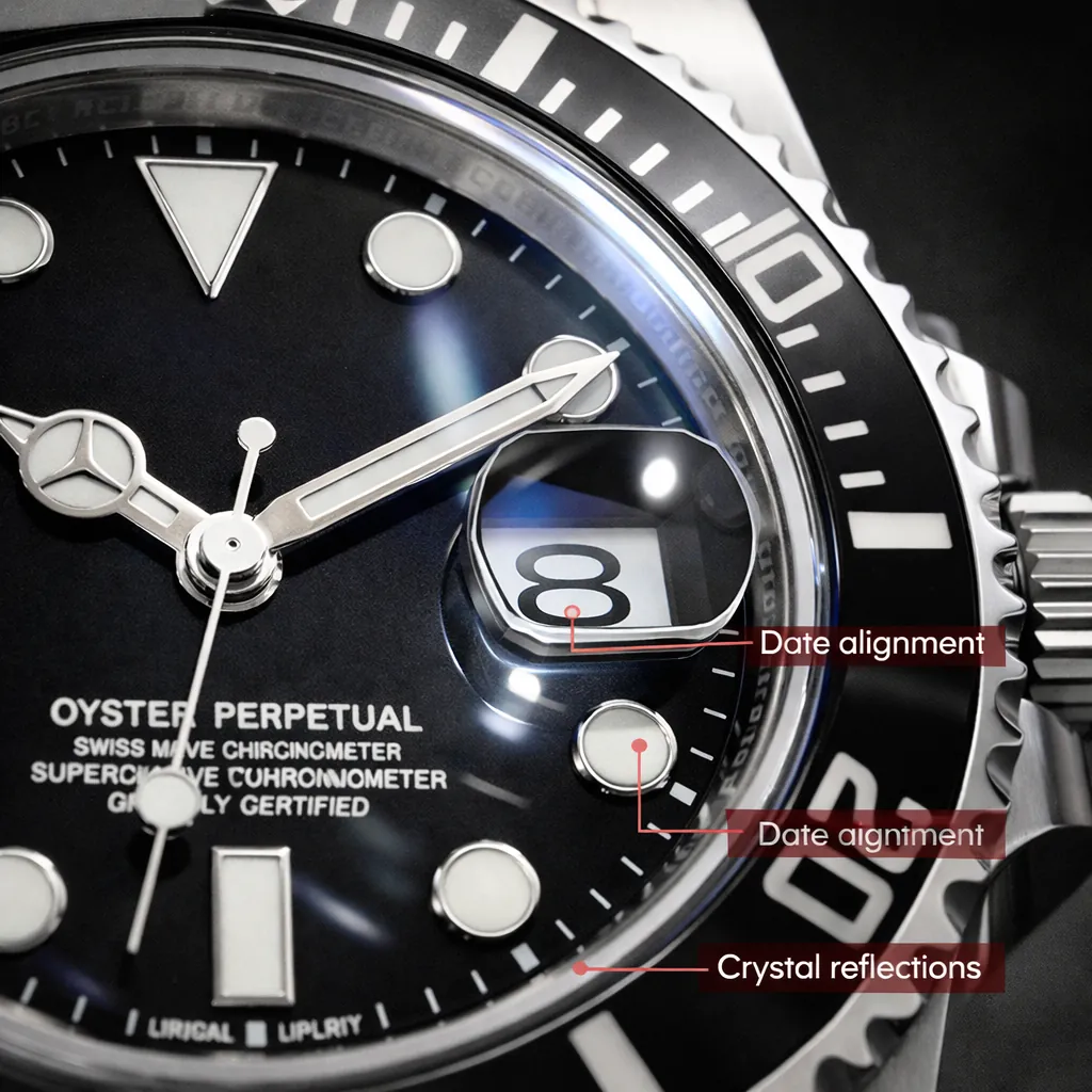 Visual checkpoints: dial printing, date alignment, crystal reflections