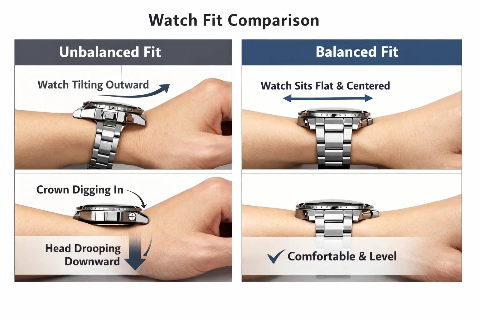 Comparison of watch on wrist showing balanced versus unbalanced wear balance