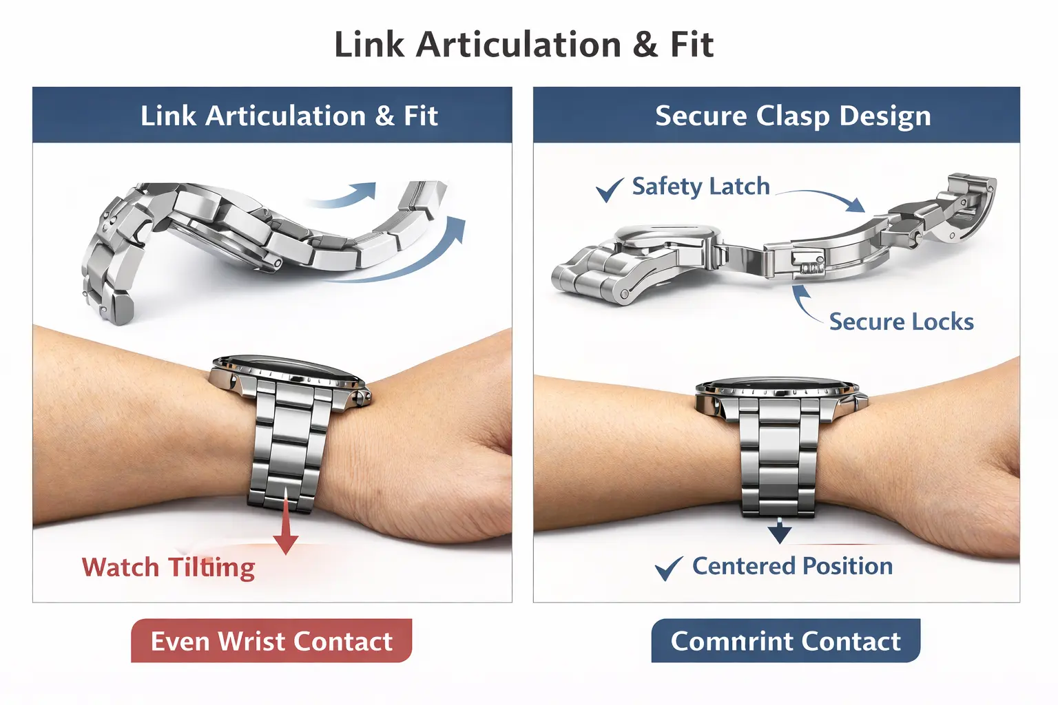 Illustration of bracelet link articulation and secure clasp design supporting wear stability