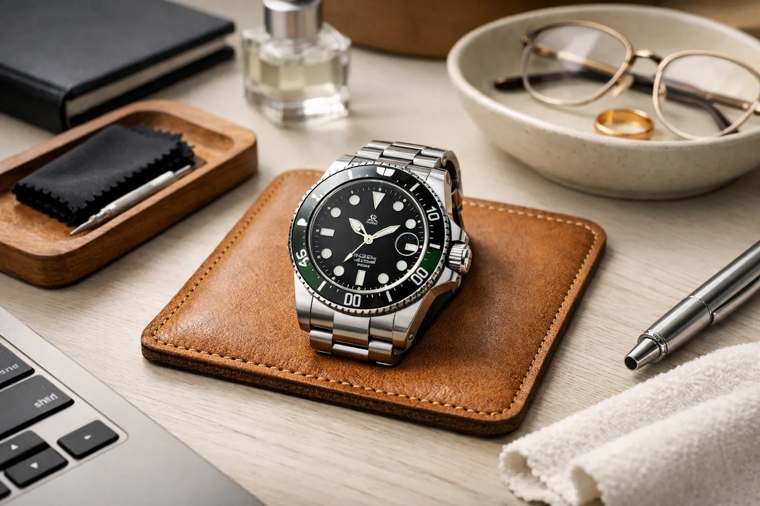 A watch on a clean desk setting, representing daily care habits