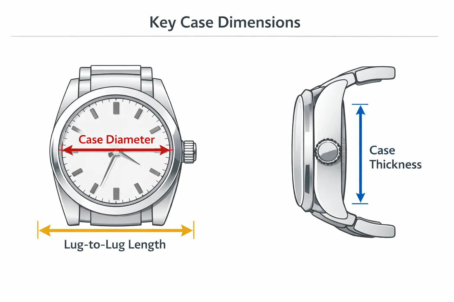 Diagram showing case diameter, lug-to-lug length, and case thickness
