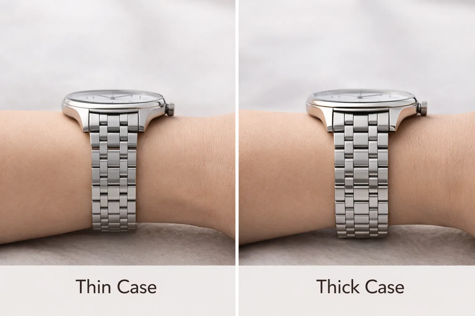 Side view comparison of thin and thick watch cases on the wrist