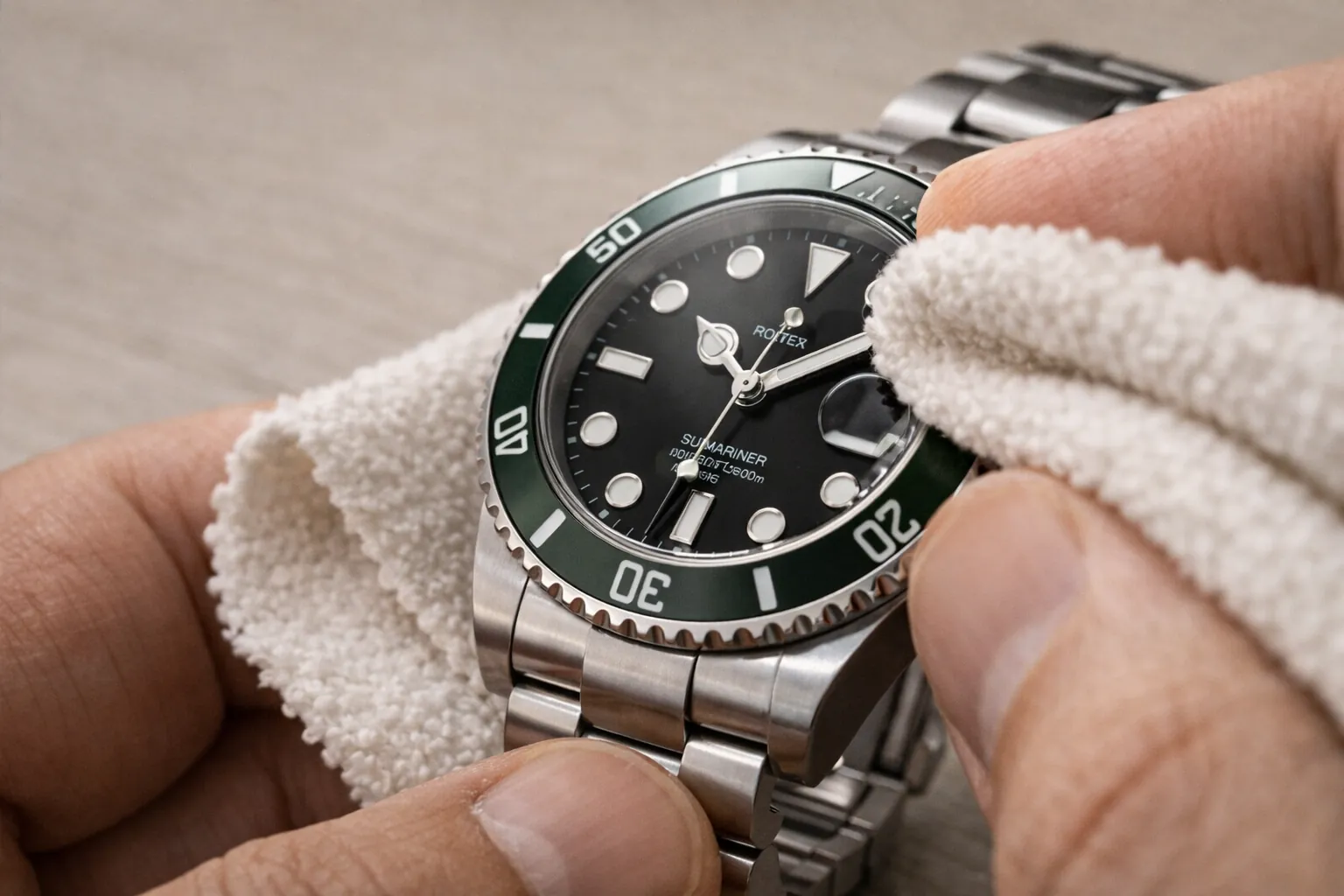Microfiber cloth wiping a watch crystal and case
