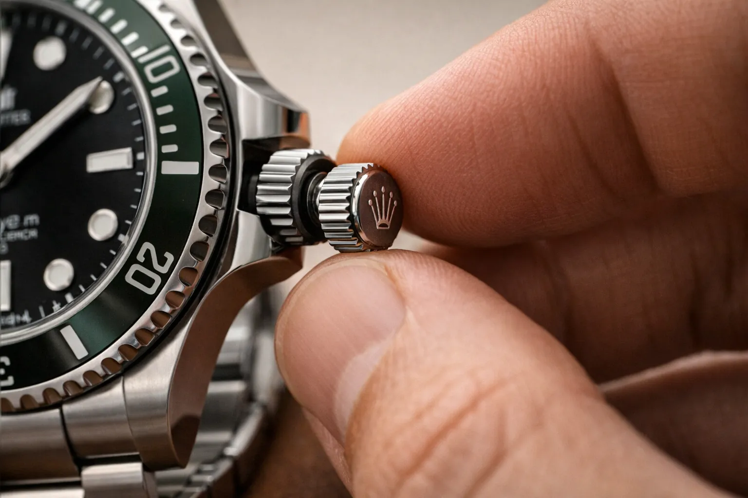 Close-up of a watch crown showing careful handling