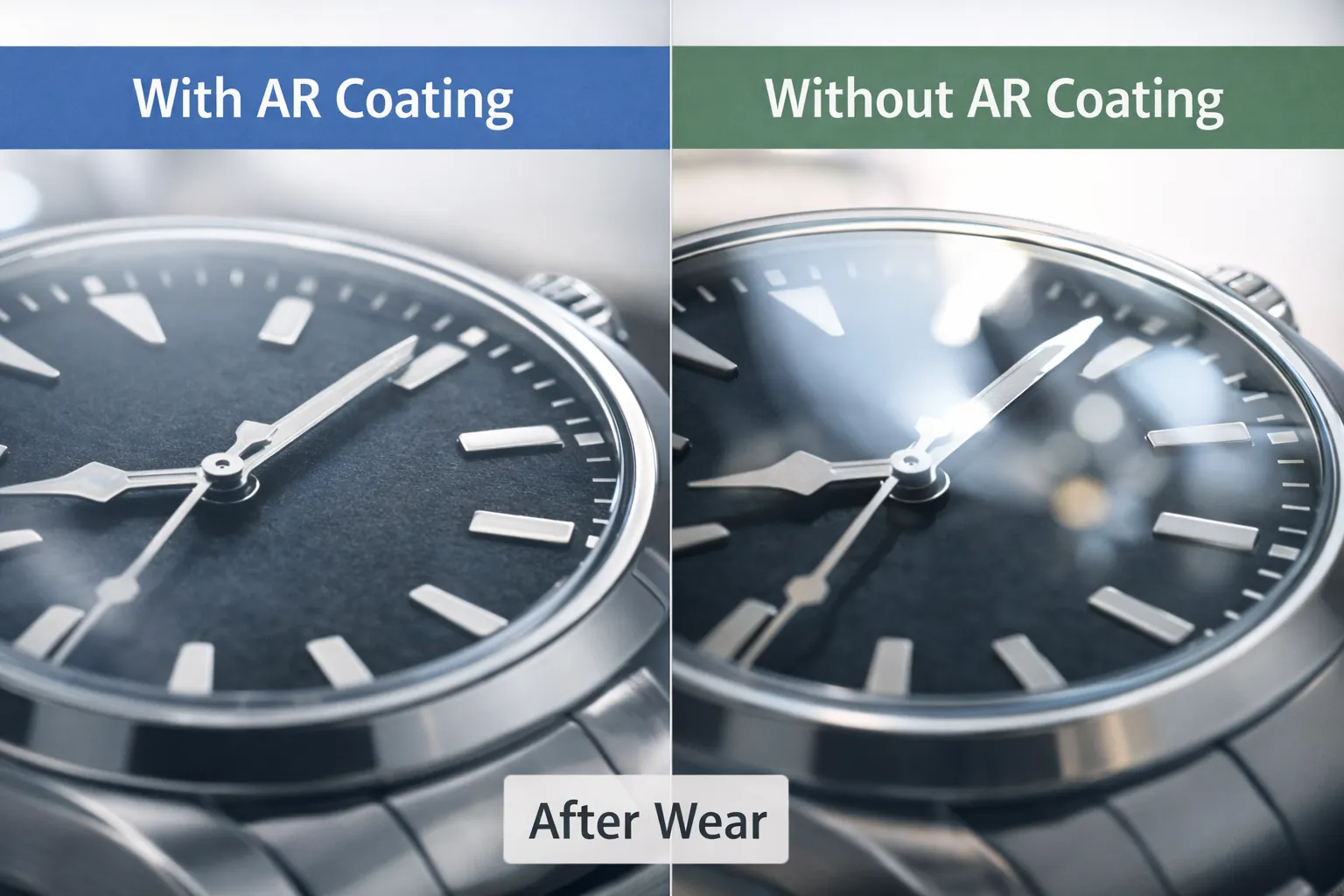 watch crystal clarity and reflection comparison with and without ar coating