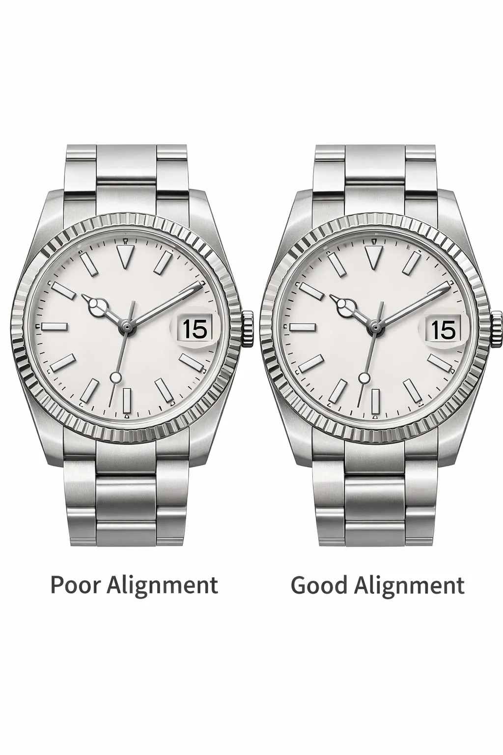 Comparison of watch dial alignment showing aligned and misaligned hands and markers