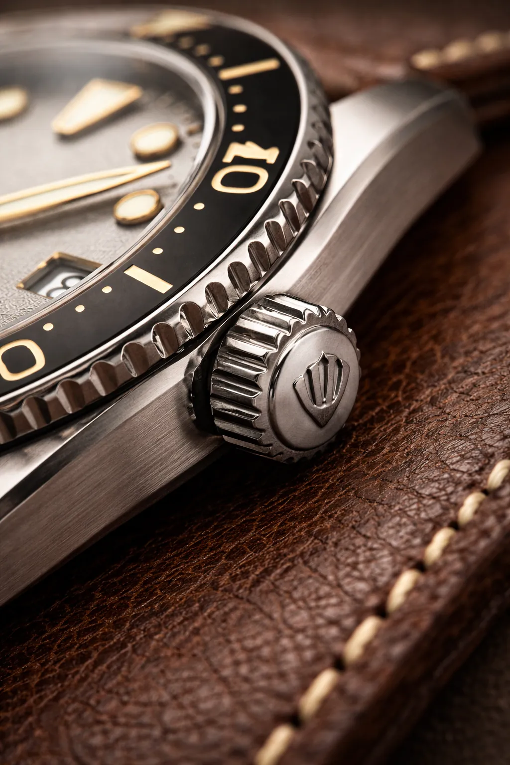Close-up of a watch crown and case side